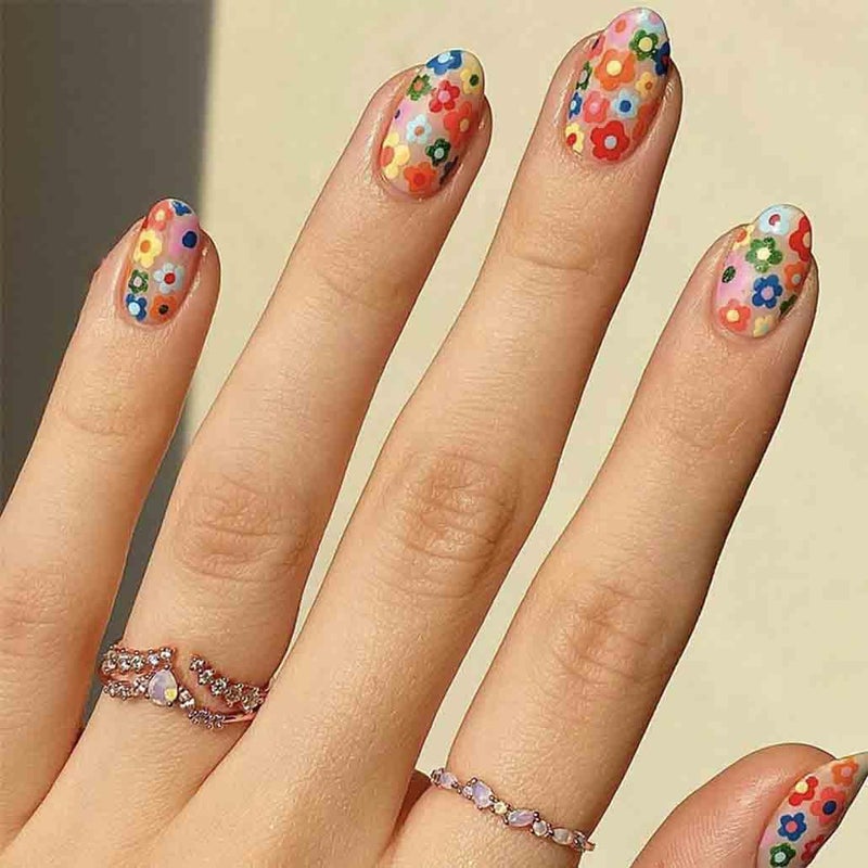 Foccna Almond Press on Nails Short Acrylic Fake Nails Flower Design Womens False Nails with Design Nail Tips for WomenGirls 24PCS
